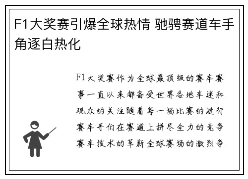 F1大奖赛引爆全球热情 驰骋赛道车手角逐白热化
