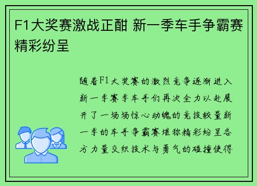 F1大奖赛激战正酣 新一季车手争霸赛精彩纷呈