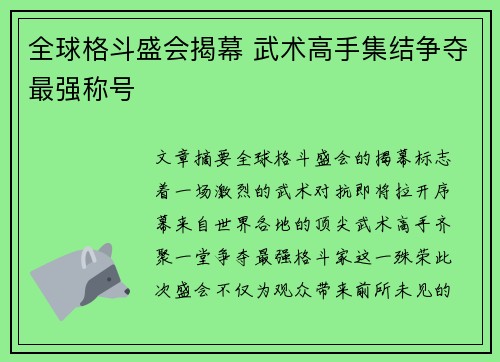 全球格斗盛会揭幕 武术高手集结争夺最强称号